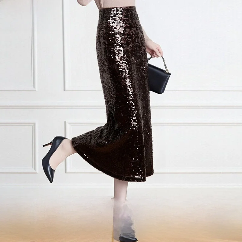 

Shiny Sequin High Waist Women's Skirt Spring Fashion Elegant Ladylike Slim Fit Straight Tube Dress Polyester Cotton Blend Zip...