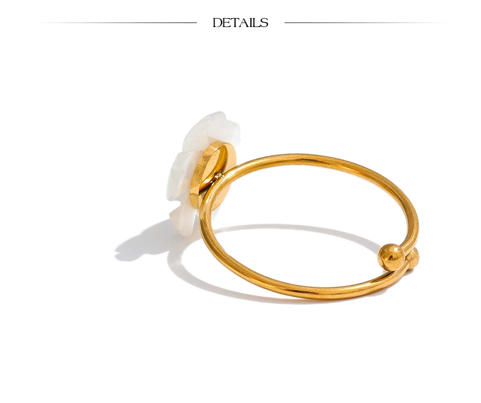 Yhpup Modischer, verstellbarer offener Ring mit natürlicher Muschelblume, süßer Edelstahl, 18 Karat PVD-beschichtet, Sommer- und Alltagsschmuck, Geschenk – Detail 6
