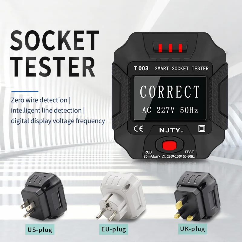 NJTY T003 Socket Tester Digital Voltage Test Socket Detector EU Plug Ground Zero Line Plug Polarity Phase Check