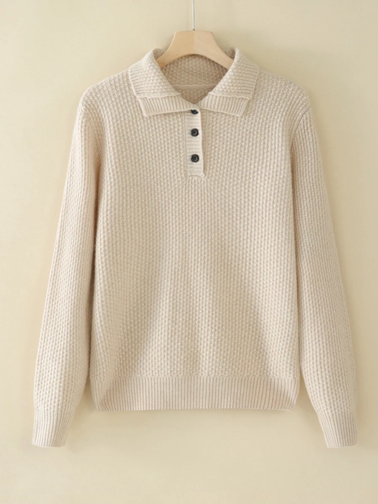 Fashion Cashmere Pullover Women Turn-down Collar Sweater  Long Sleeve  Autumn Winter Thick 100% Cashmere Knit Loose Clothing Top