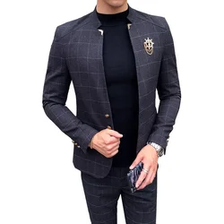 2 Piece Set Coat + Pants Fashion British Lattice Slim Stand Collar Casual Suit Jacket / Male Boutique Blazer Trousers