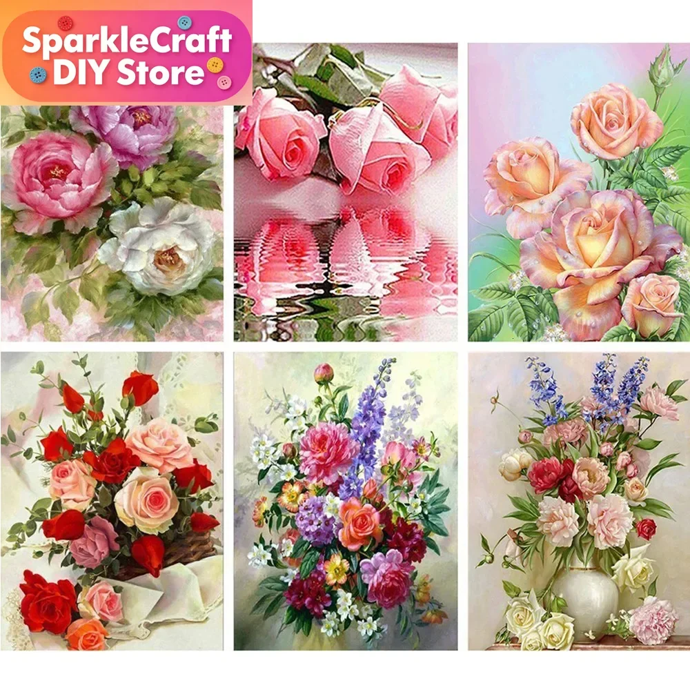 Rahmenloses 5D-Diamantgemälde zum Selbermachen, Blumen-Diamant-Stickerei, Rosen, quadratisches Bild mit Strass-Diamant-Mosaik-Blume