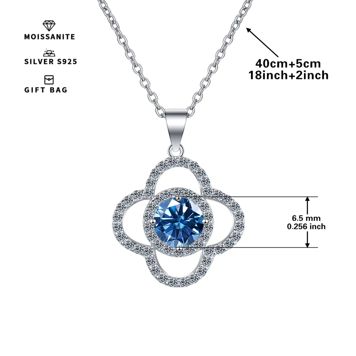 S925 silver Platinum plating inlaid with Blue GRA Moissanite Four-Leaf Clover round pendant,clavicle chain necklace for women