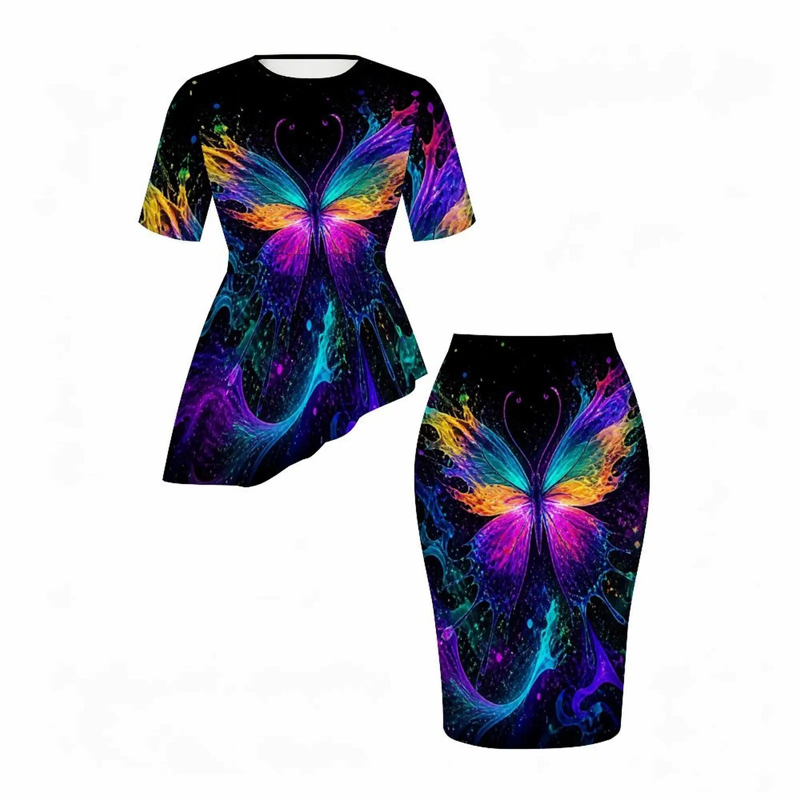 Women Colorful Butterfly Printed Round Neck Short Sleeve Asymmetric Top and Fitted Skirt Two Piece Set