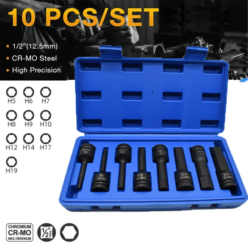 Drill Bit Tools Set 1/2” Pneumatic Wrench Hexagonal Drive Bits Kit Cr-mo Hex Socket Driver Metric Power Nuts Driver