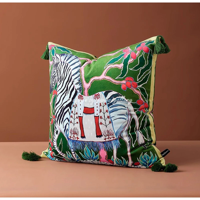 GUVINCI Art Print Chinoiserie Zebra With Asian Peonies Cushion Cover Luxury Mystical Animals Decorative Pillowcase With Tassels