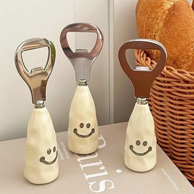 

LTT cute smiley face beer bottle opener imitation ceramic handle can stand bottle opener