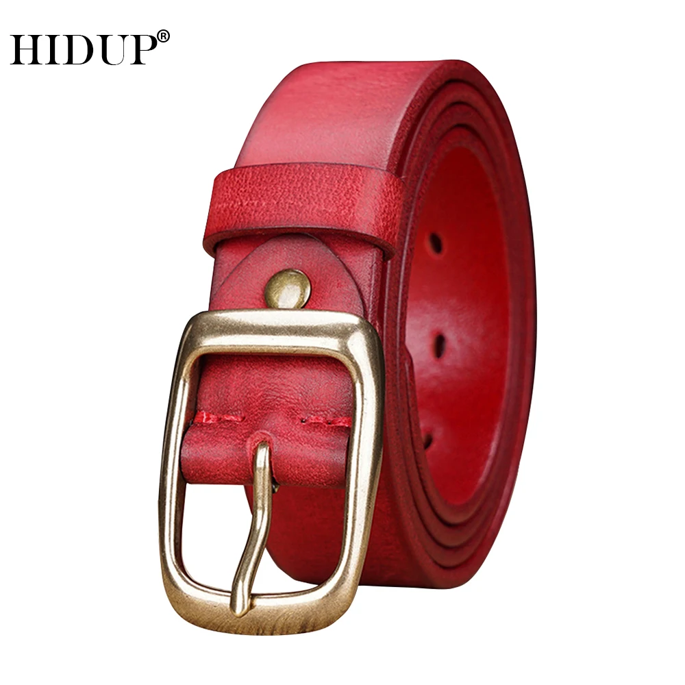 

HIDUP Top Quality Cowhide Leather Brass Pin Buckles Red Belt Jeans Accessories for Unisex