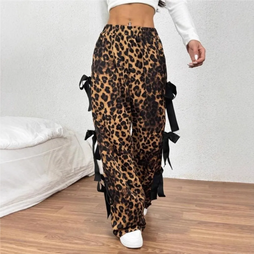 FLARORA Fashion Leopard Print Bow Patchwork Pants Woman High Waist Wide Leg Pant Y2k Streetwear Stretch Loose Trousers 2025 New