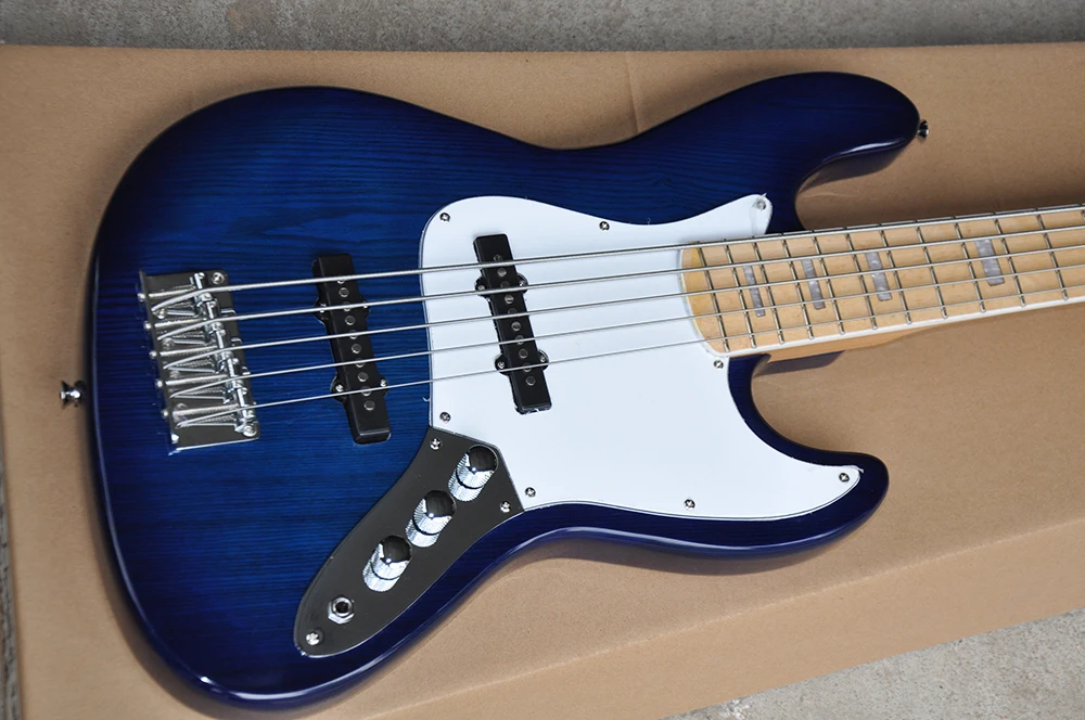 Navy Blue 5 Strings Ash Electric Bass Guitar with Maple Fretboard,White Pearl Inlay,Customizable