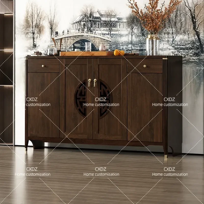 New Chinese Style Side Cabinet Wine Cabinet Integrated Against Wall Household Solid Wood Color Cupboard Living Room Tea