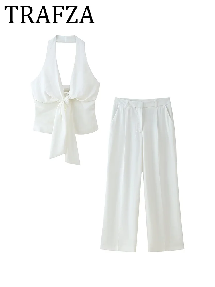 

TRAFZA Pant Sets Halter Neck Knot Front Top+Wide Leg Long Pant Two Pieces Suit Summer 2025 New Elegant Ladies Fashion Outfit