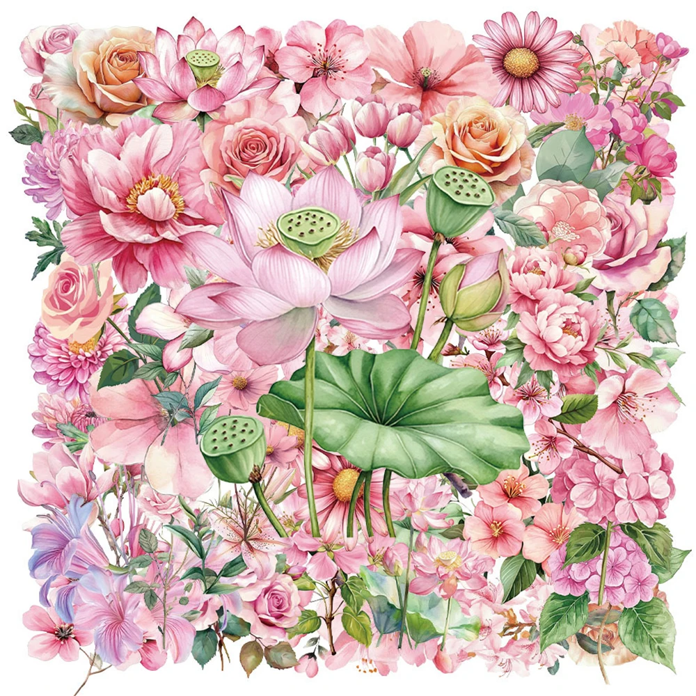 

10/30/50pcs Transparent Cartoon Pink Flowers Stickers Romantic Floral PET Sticker Phone Notebook Suitcase Aesthetic Decals Decor