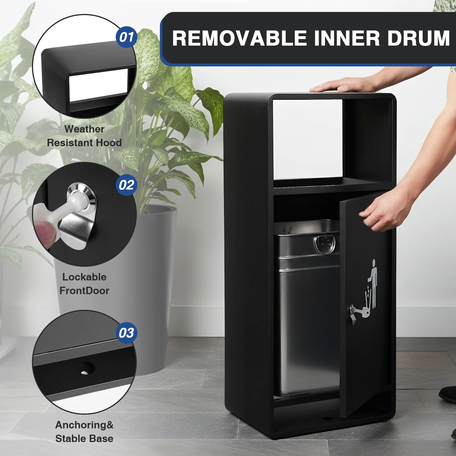 

11-Gal Stainless Steel Trash Bin with Lid Ashtray Garbage Can with Removable Inner Barrel Lockable for Office Elevator Entrance