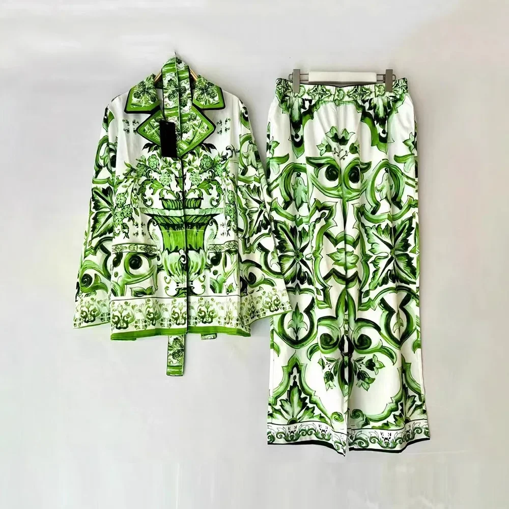 

2026 Spring Two Piece Set Women Clothing Retro Flocking Printed Lapel Loose Long Sleeve Shirt Sashes Waist Wide Leg Pant Suit