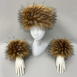 Women Fluffy Ring Scarves Cuffs Faux Fur Raccoon Detachable Fur Sleeve Winter Luxury Warm Fox Fur Scarf Wrist Cuffs Gloves Set