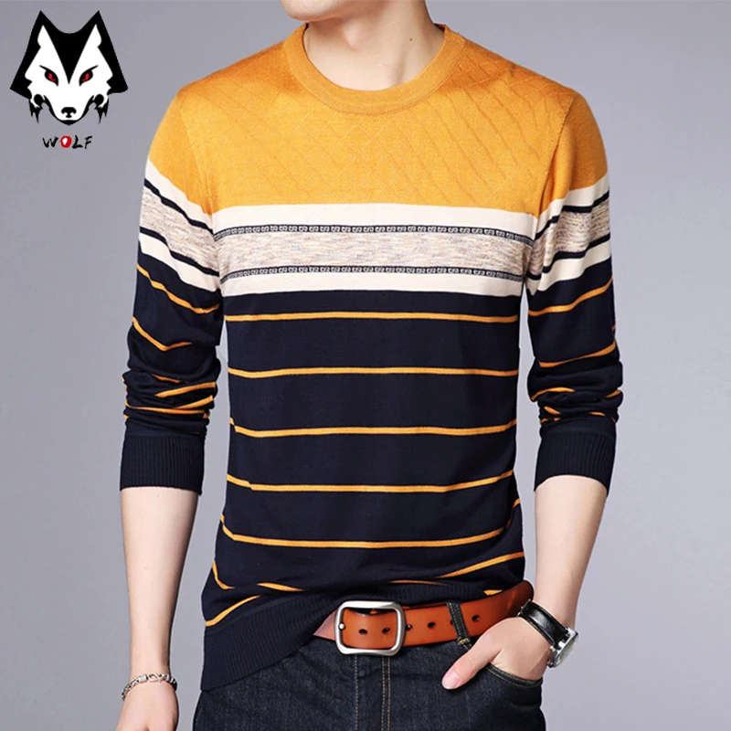 Men\'s Casual Striped Knit Spring and Autumn Long Sleeved Pullover Fashion Top