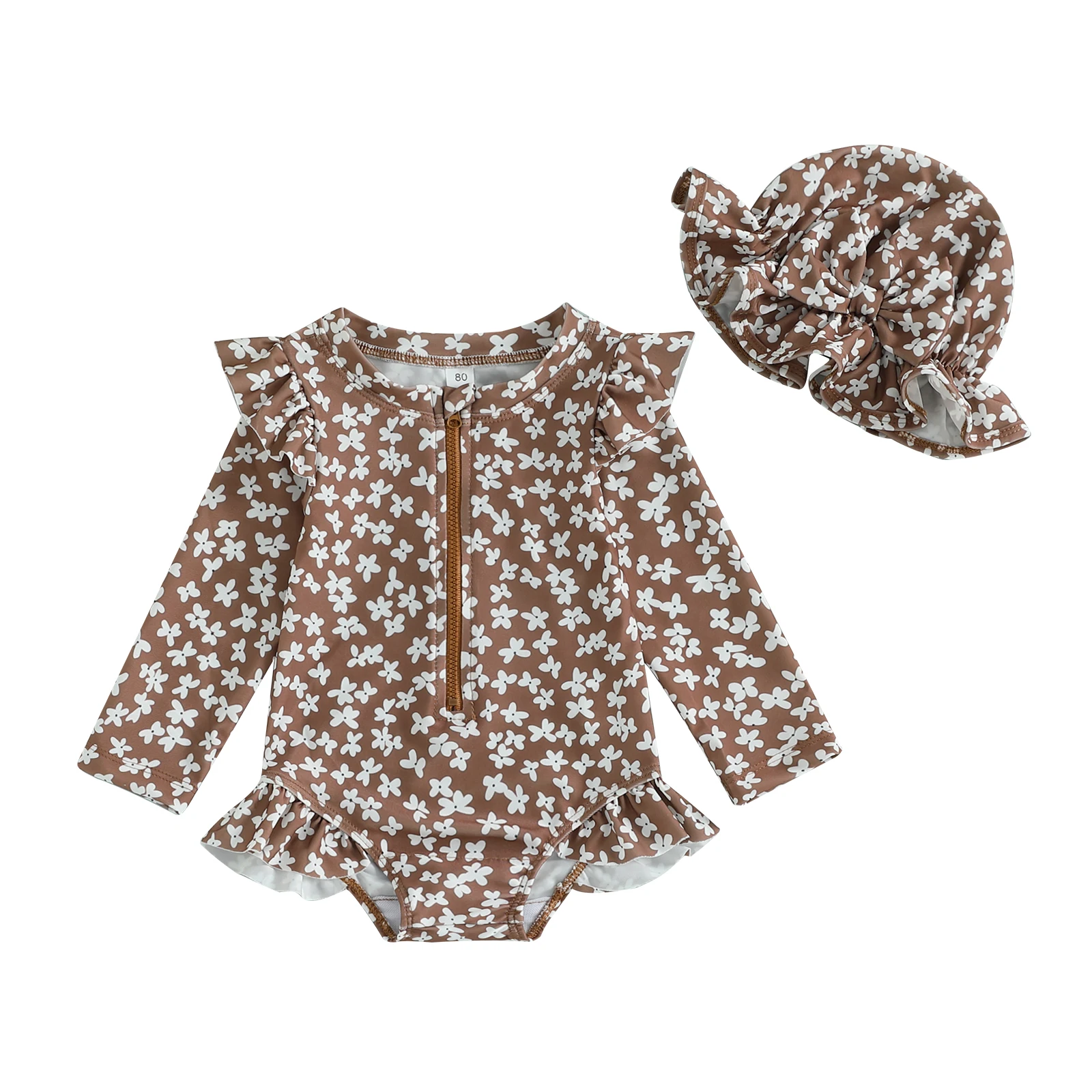 

Купальный костюм для девочек из двух предметов, купальник с круглым вырезом и цветочным принтом, с длинными рукавами и молнией, шапочка для плавания, комплект пляжной одежды для малышей