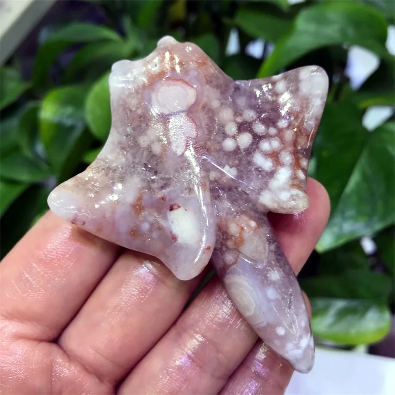 

Natural Flower Agate Manta Ray Carvings Quartz Healing Crystal Stones Reiki Home Room Decoration Palmstone Gift 1pcs