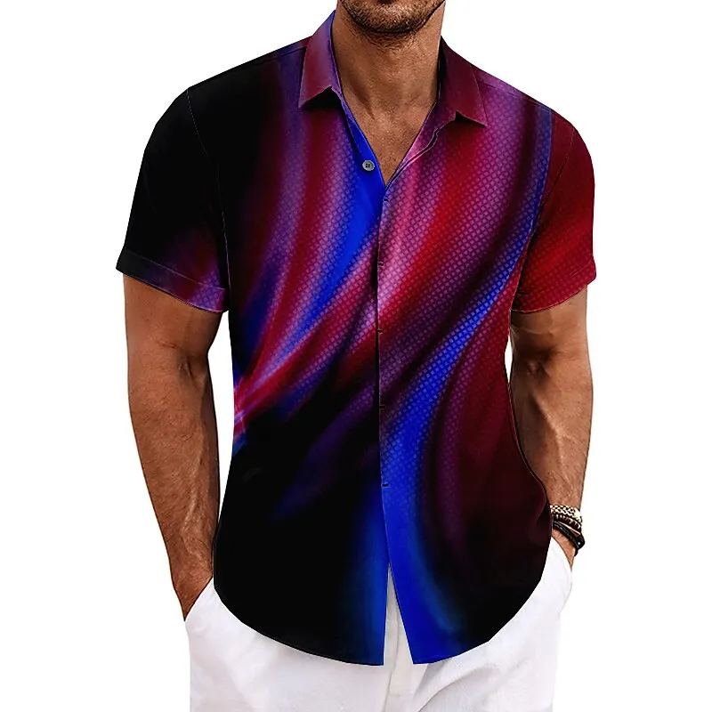 

Gradient streamer print Hawaiian men's short-sleeved shirt Beach casual buttoned lapel top New men's short-sleeved shirt