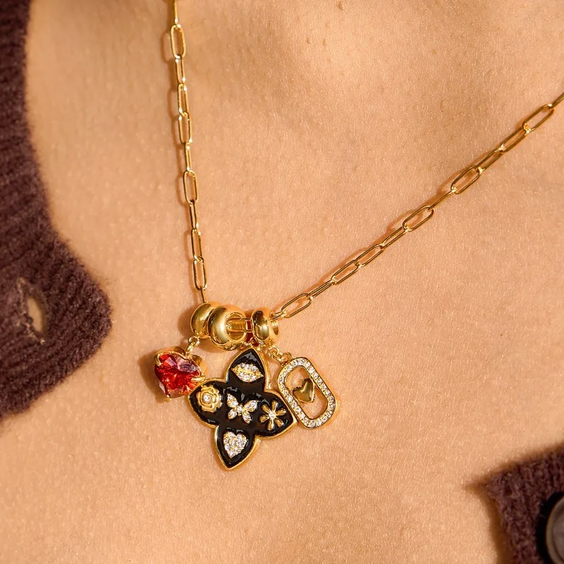 

Red Heart Butterfly Lucky Zircon Charm Necklace Retro Sweet Stainless Steel Plated 18k Gold For Women Boho Tarnish Free Jewelry