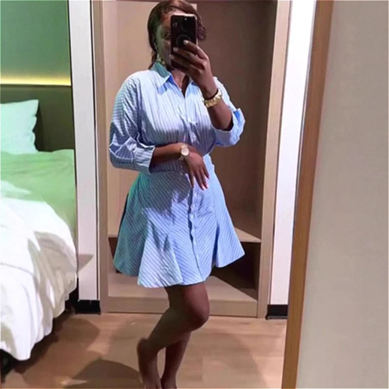 Kurzes Kleid Damen Hemdkleider A-Linie Vestidos Y2k Streetwear Langarm Elegant Tailliert Gestreift Party Nacht Arbeit 2026