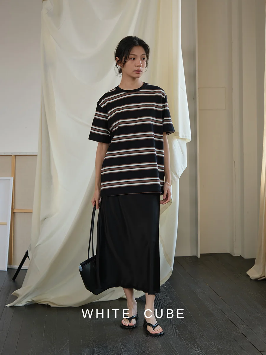 

Футболка Whitecube Retro Intellectual Black Coffee Color Block Stripe Cotton Miu Series с круглым вырезом, женская, весна-лето