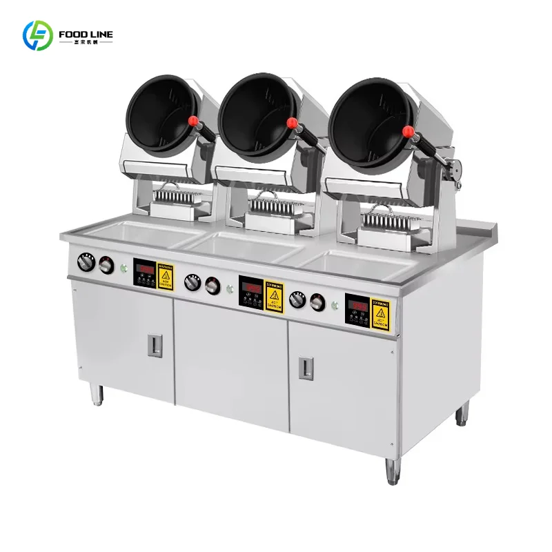 Customized Commercial Gas Electric Automatic Cooking Robot Stir Fryer 3 Head Burners Pot Rotate Machine Restaurant Hotel Kitchen