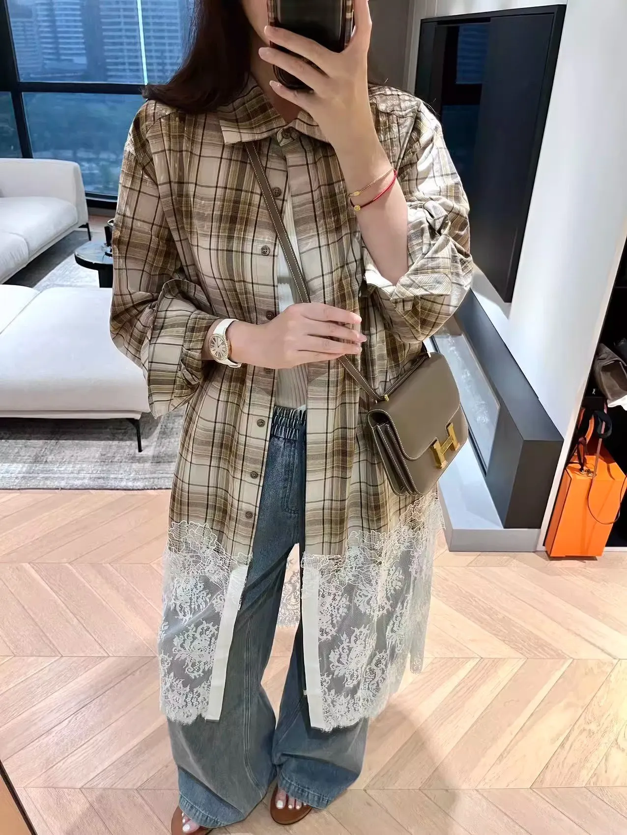 Lace splicing false two-piece long shirt temperament casual hundred with plaid shirt female 2024 fall new