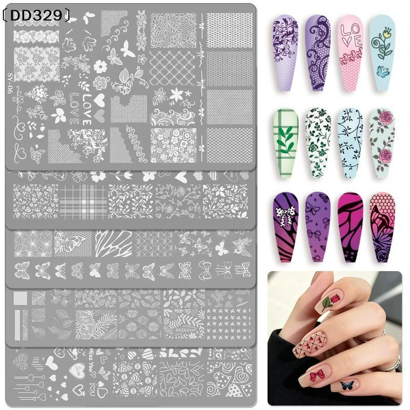 1 Sheet Etched Nail Art Stencil High-Precision Bow Flower Lace Checkered Nail Decal Sheets For Reusable Manicure Transfer〔DD329〕