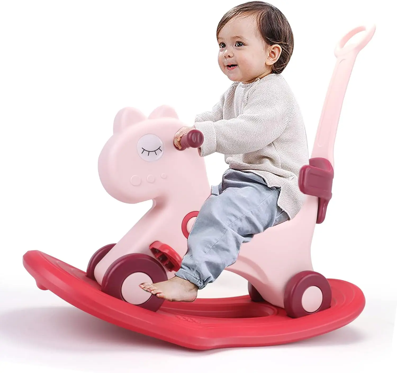 Cheval à bascule 4 en 1 pour les tout-petits de 1 à 3 ans, jouet à bascule pour bébé, cadeau d'anniversaire amusant pour les filles de 1 à plus, jouet à chevaucher avec poignées amovibles