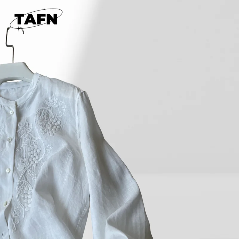 جديد النمط الصيني العنب الكرمة قميص كتان المرأة تونك بلوزة خفيفة الوزن طويلة الأكمام قميص عمال تونك BlouseAH0180