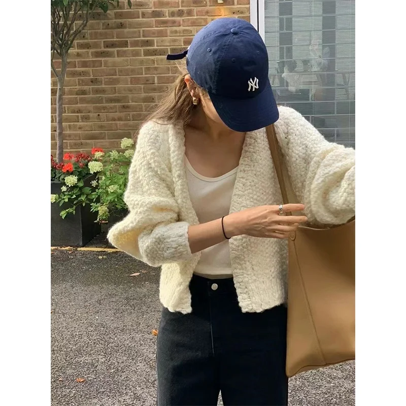 

Retro Feel Dongda Gate 26 Autumn Gentle Particle Knit Handmade Thi Yarn Women's Open Cardigan Casual Sle Long Sve V-Ne