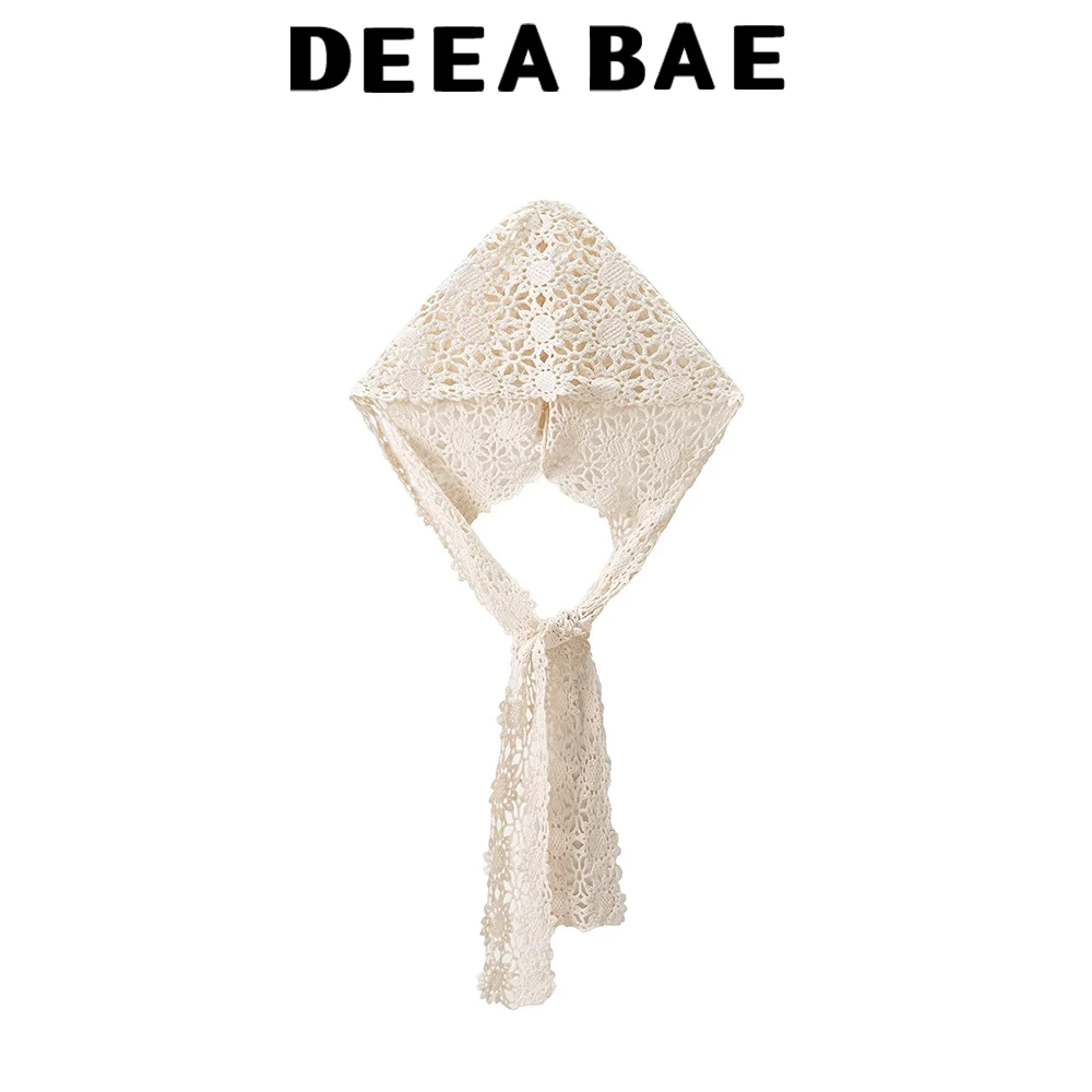 

DEEABAE Retro crochet hollowed out headscarf women's summer beige lace up versatile sunshade headscarf