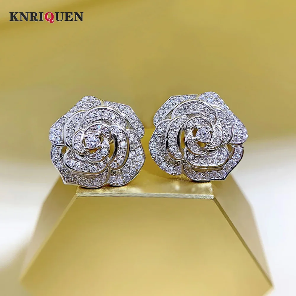 Romantyczny 100% 925 prawdziwe srebro Camellia Lab diamentowe kolczyki sztyfty dla kobiet Wedding Party Fine Jewelry urodziny akcesoria do prezentów