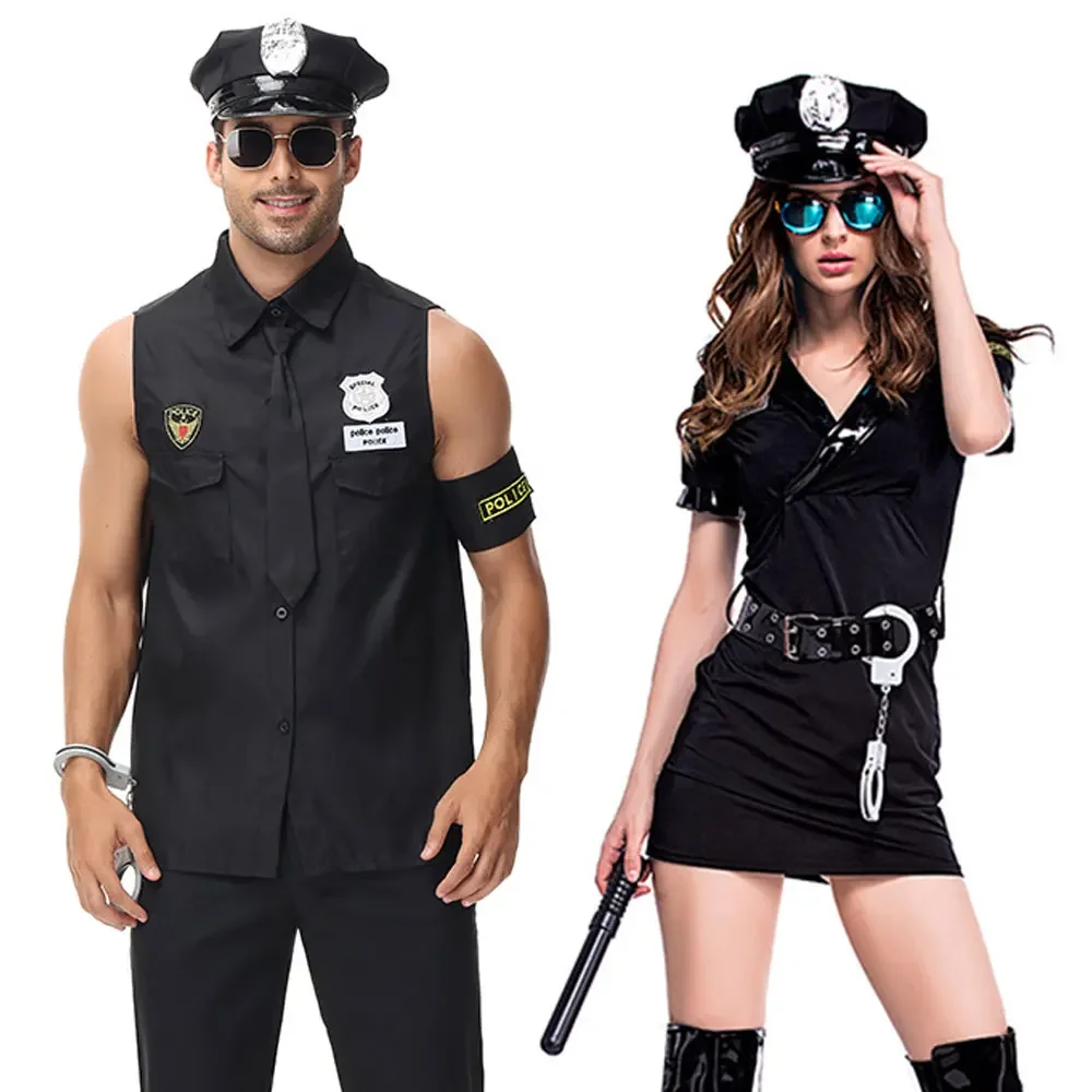 Halloween Men Women PoliceProfessional Role Game Stage Handsome Black Exquisite Embroidery Performance Couples Uniform Costume