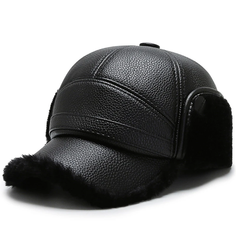 Men Winter Baseball Hat Leather Fur Snapback Caps with Earmuffs Ear Protection Bomber Hats Fishing Skiing Warm Visors Casquette