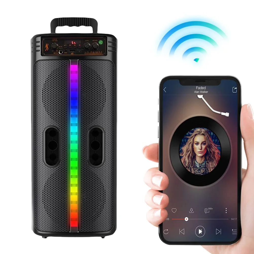 

Bluetooth-совместимая колонка, мощная акустическая система, FM-радио, двойной сабвуфер, стереозвук, красочная подсветка для использования на улице