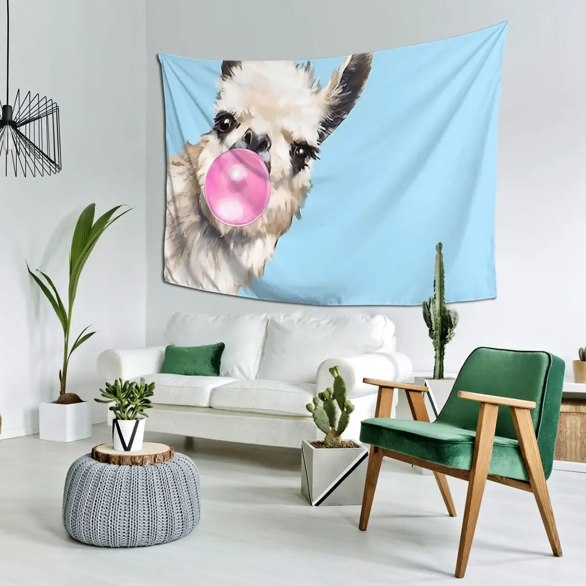 Bubble Gum Sneaky Llama In Blue Tapestry Hippie Wall Hanging Aesthetic Home Decor Tapestries for Living Room Bedroom Dorm Room