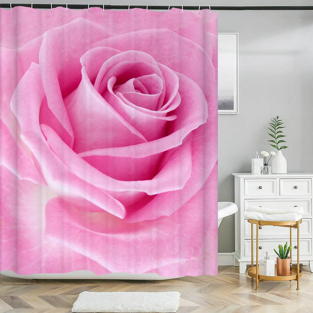 Pink Floral Rose Waterproof Shower Curtain Sets Toilet Seat Cover Non-Slip Bath Mat Rug Carpet Bathroom Decor Polyester Fabric