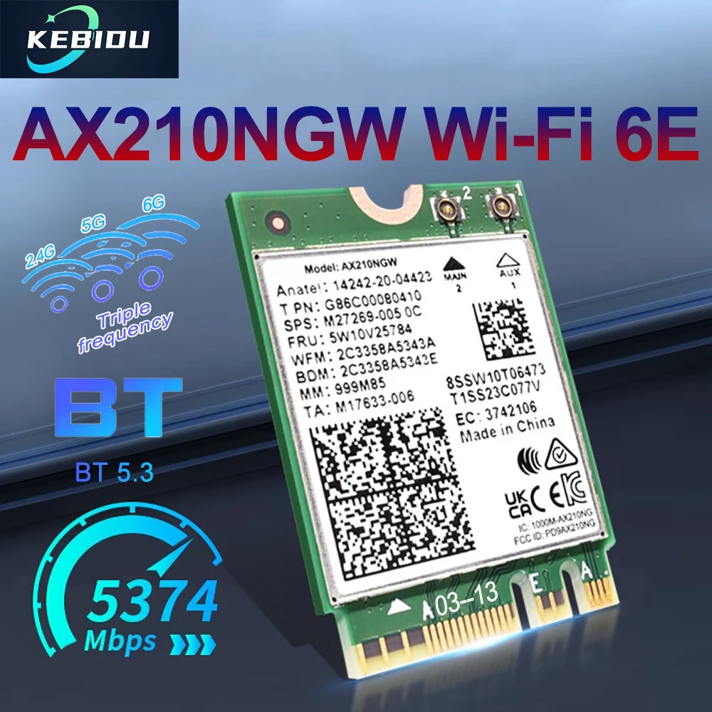 

5374Mbps WiFi6E AX210NGW Network Card Wireless Tri Band 2.4G/5G/6GHz WiFi Adapter Bluetooth 5.3 802.11AX M.2 NGFF Wlan WiFi Card