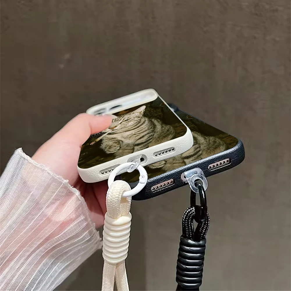 Smoking Kitten Strap Rope Phone Case For iPhone 17 16 15 14 13 12 Pro Max 16 15 14Plus 17 16 15 Pro 17Air Silicone Matte Cover view 6