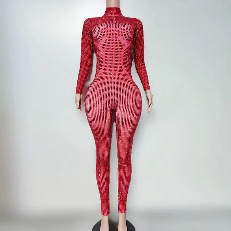 

Rhinestone Red Long Sleeve Bodysuit Singer Dancer Performance Stage Costume Ds Party Show Outfit Nightclub Bar Dancewear yj015