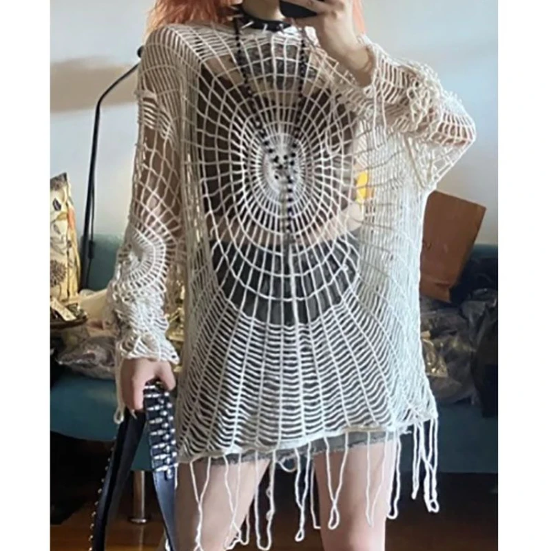 Deeptown Vintage Hollow Out Sweater Loose Women Harajuku Y2K Grunge Spider Web Hooded Knitted Pullover Gothic Streetwear Jumper