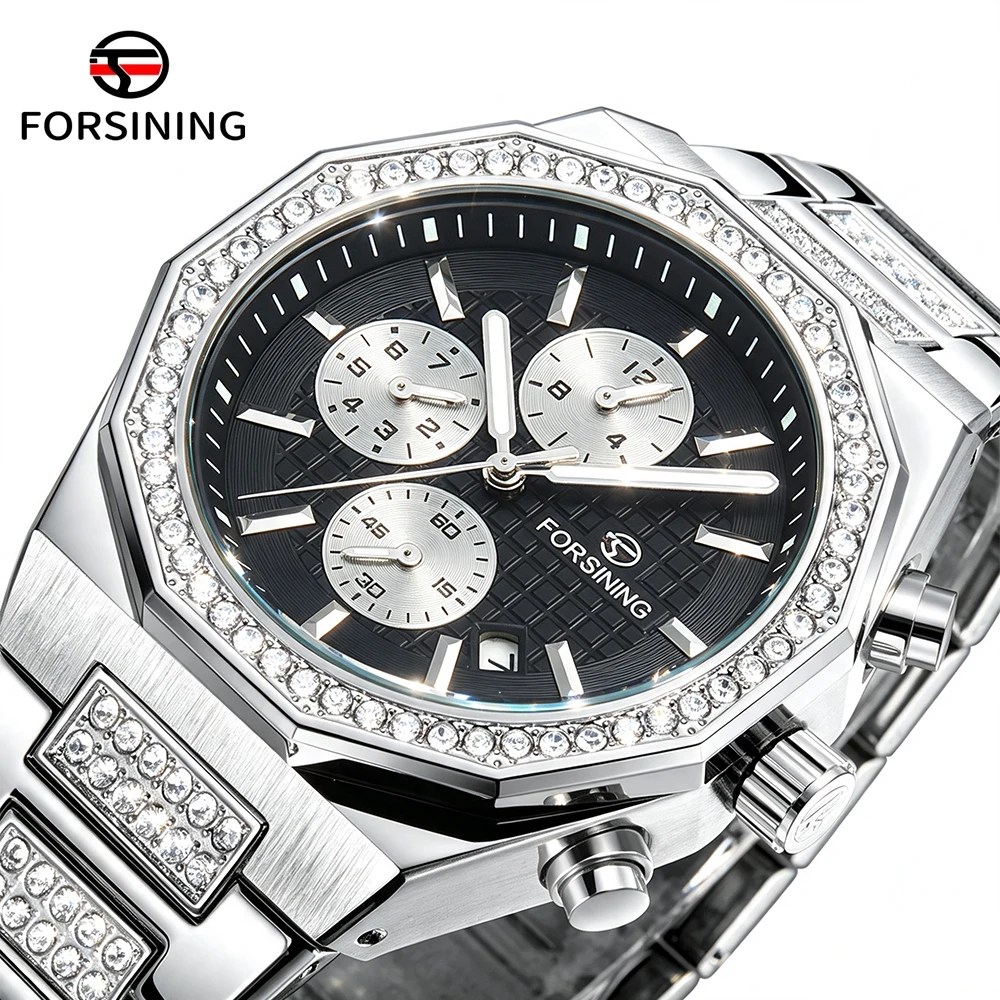 FORSINING Business Multi Dial Men Watches Automatic Mechanical Luminous Diamond Calendar Waterproof Stainless Steel Sporty Clcok