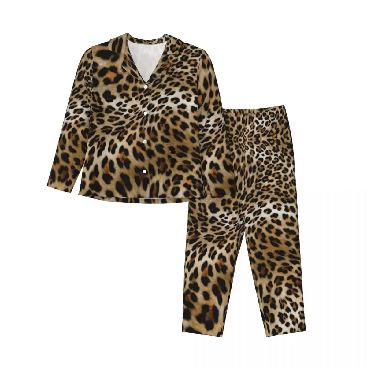 Animal Skin Print Pajama Set Leopard Pattern Kawaii Sleepwear Women Long-Sleeve Casual Room 2 Piece Home Suit Large Size 2XL