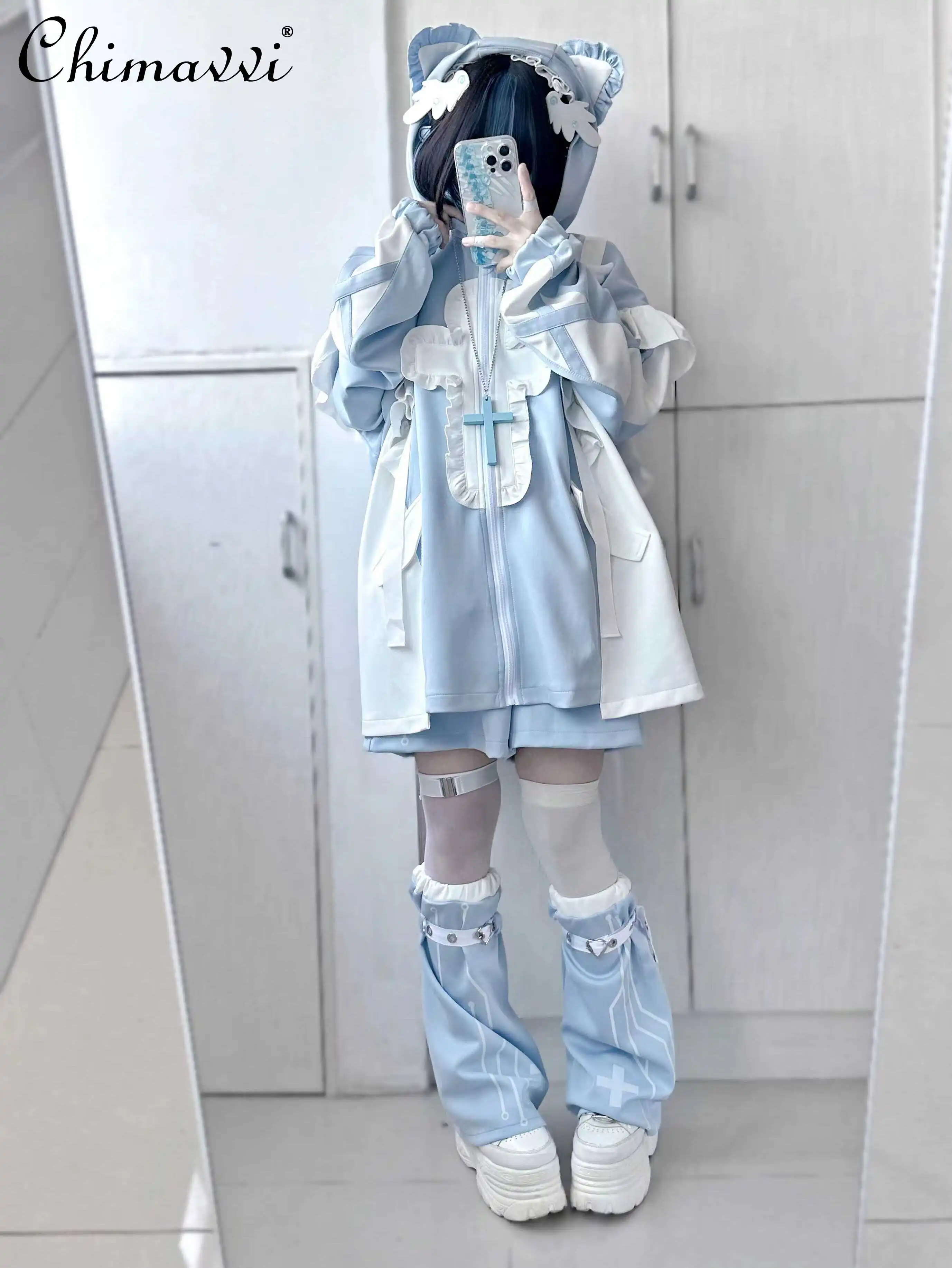 

Japanese Subculture Water Color Ruffle Edge Women Loose Jacket Oversized Coat Casual Short Leg Warmer Set Autumn Girl's Outfits