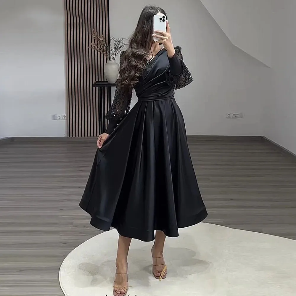 Customized FDHAOLU Black Evening Dress for Wedding Party Satin Long Sleeves A-Line Shiny V-Neck Arabic Dubai Short Prom Gowns