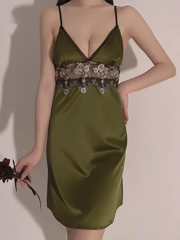 صيف جديد ربيع مثير عميق الخامس الساتان خياطة شبكة التطريز الحمالة فضفاضة الخصر منظور الشيفون فستان بتصميم بدلة أنيقة N5ZW