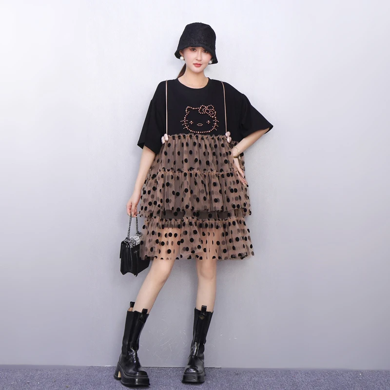 2025 Estate nuove donne eleganti T-shirt in rete abiti corti larghi abito da donna a maniche corte all'ingrosso J1194